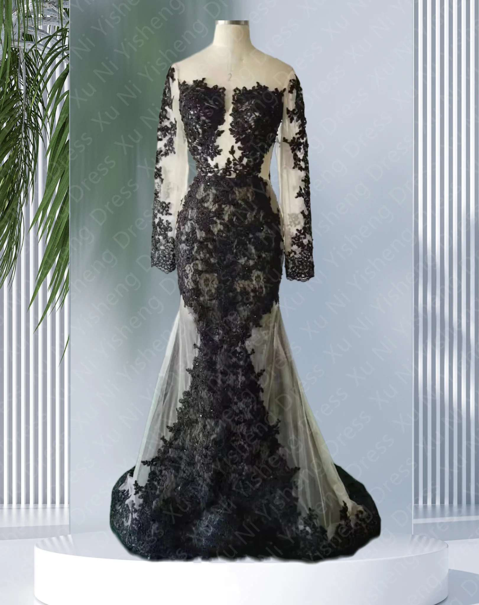 Sexy Black Saudi Evening Dresses Lace Appliques Mermaid  Luxury Prom Dress Long Sleeves Formal Bride Party dress Wedding dress