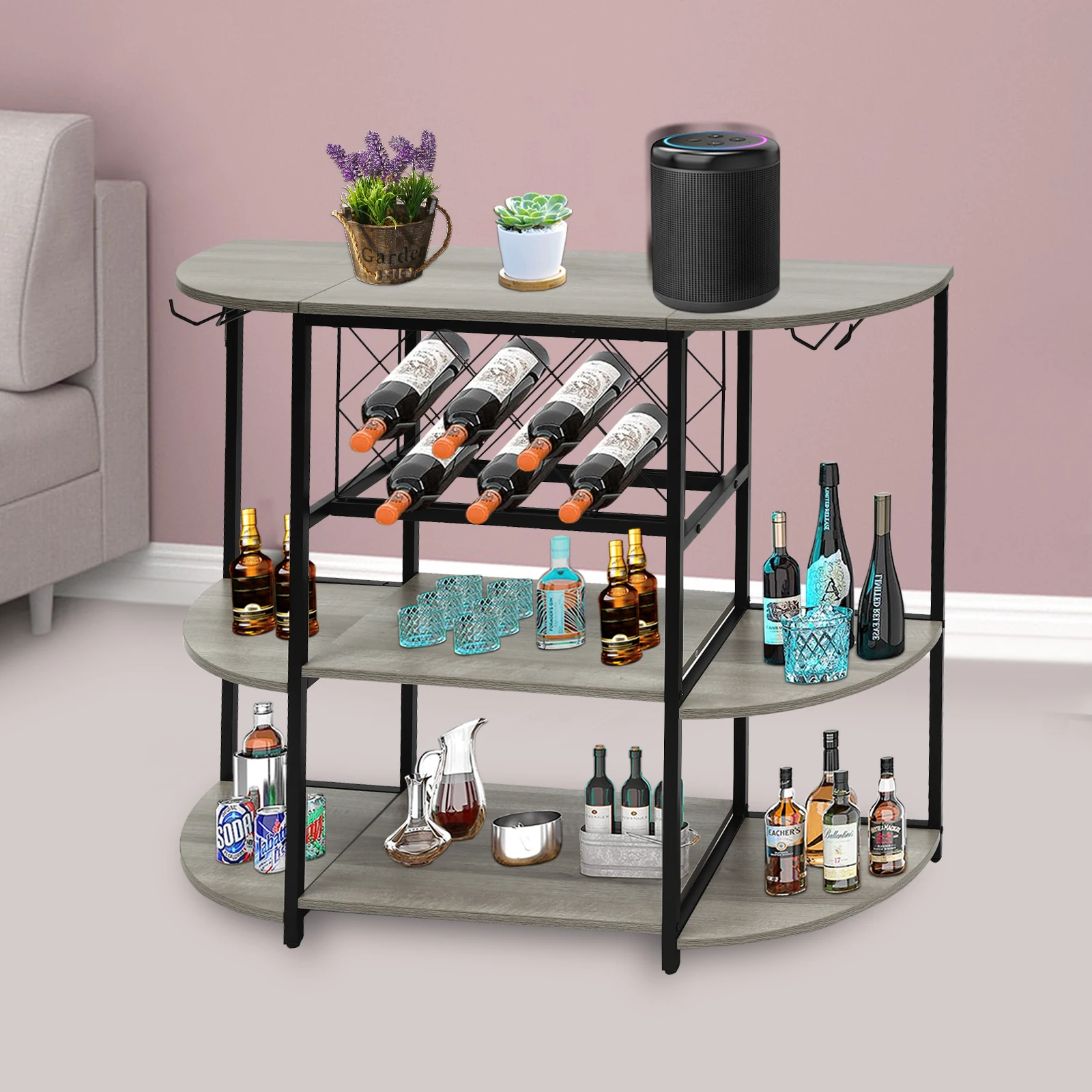 Grey/Rustic Brown Wine Rack Table with Storage Durable Wine Bar Cabinet Liquor and Glasses Holder Freestanding Floor Bar Cabinet