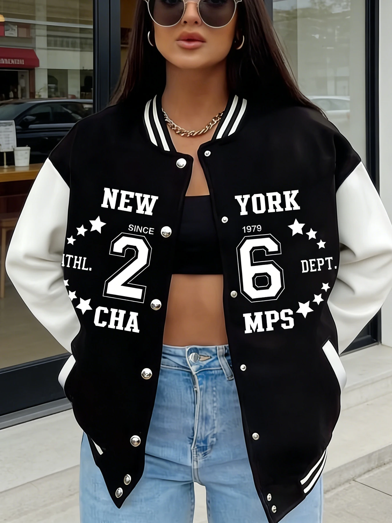 

Oversized Varsity Jacket Women New York 26 Number Stars Print Casual Fashion Baseball Warm Coat Street Style Freece Clothing