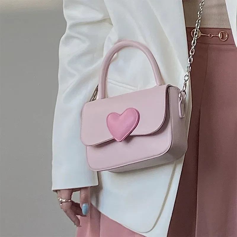 Pink Heart Girly Small Square Shoulder Bag Fashion Love Women Tote Purse Handbags Female Chain Top Handle Messenger Bags Gift