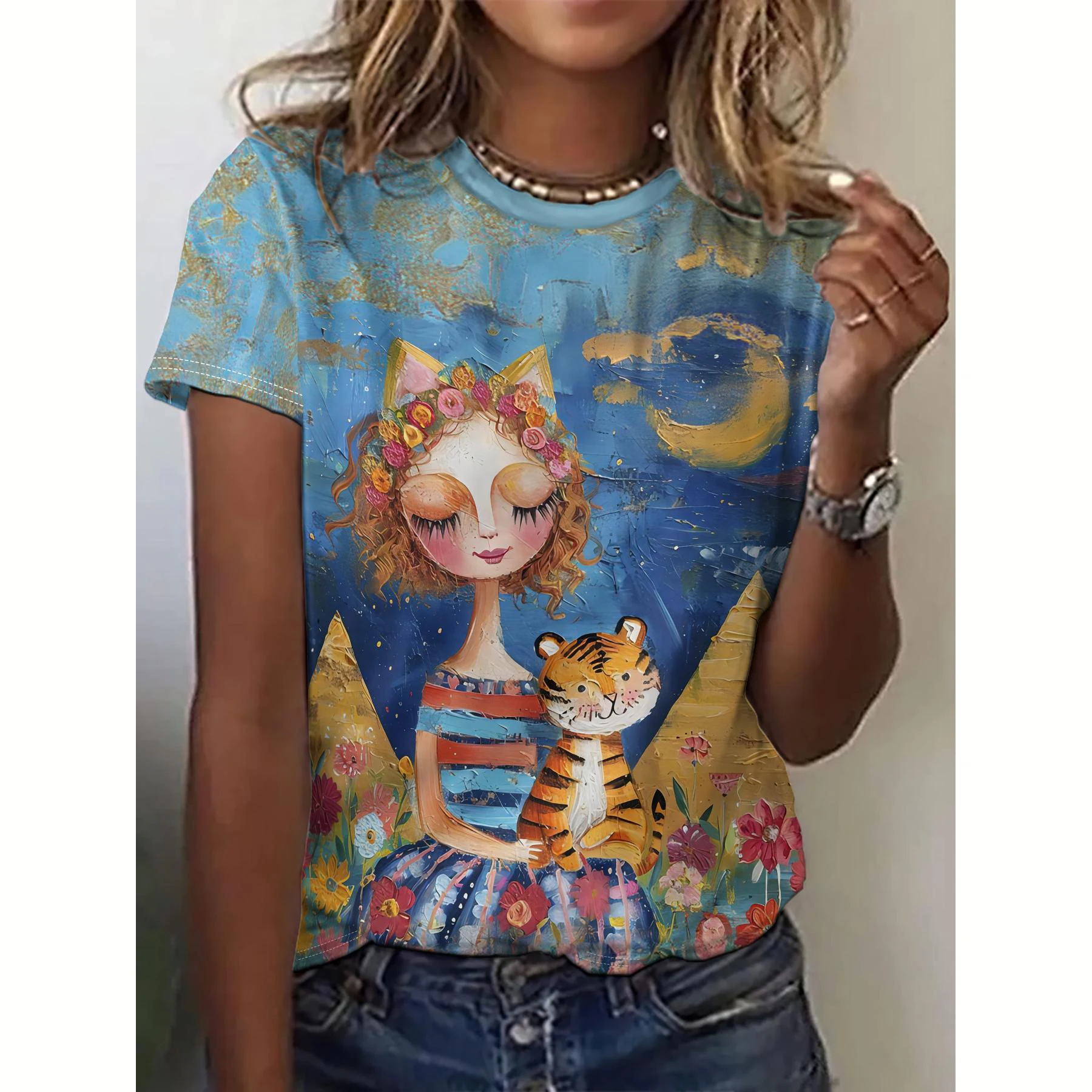 Camiseta feminina diária verão o-pescoço t camisa para mulher moda manga curta casual camiseta impressão 3d roupas femininas