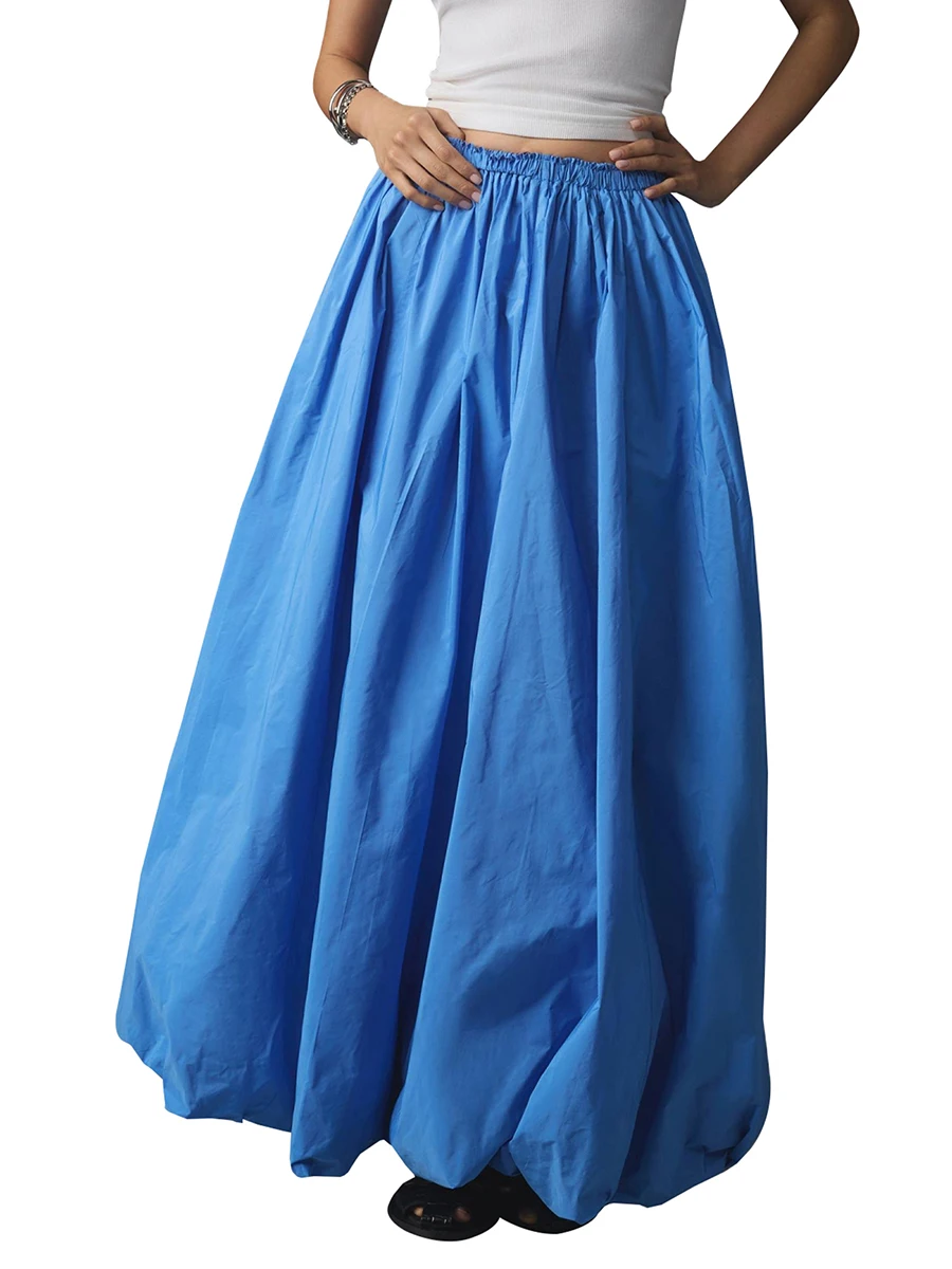 

Womens Long Skirts Cute Puffy Floral Bud Bubble Elastic Waist Solid Color A-Line Skirts