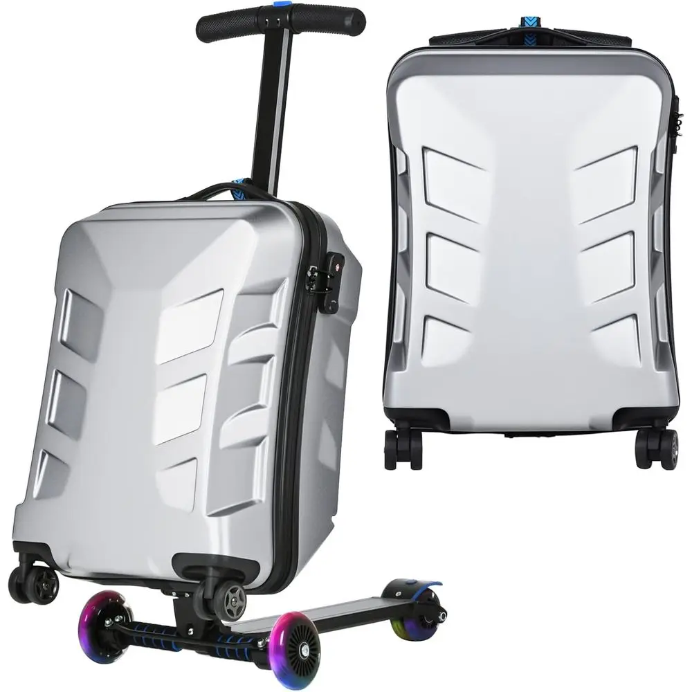 Silver 21 Inch Foldable Ride On Scooter Luggage For Kids Adults 3D Hardshell LED Light Wheels TSA Lock Lightweight Carry On Suitcase