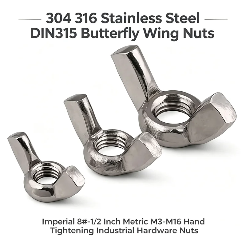 304 316 Stainless Steel DIN315 Butterfly Wing Nuts Imperial 8#-1/2 Inch Metric M3-M16 Hand Tightening Industrial Hardware Nuts