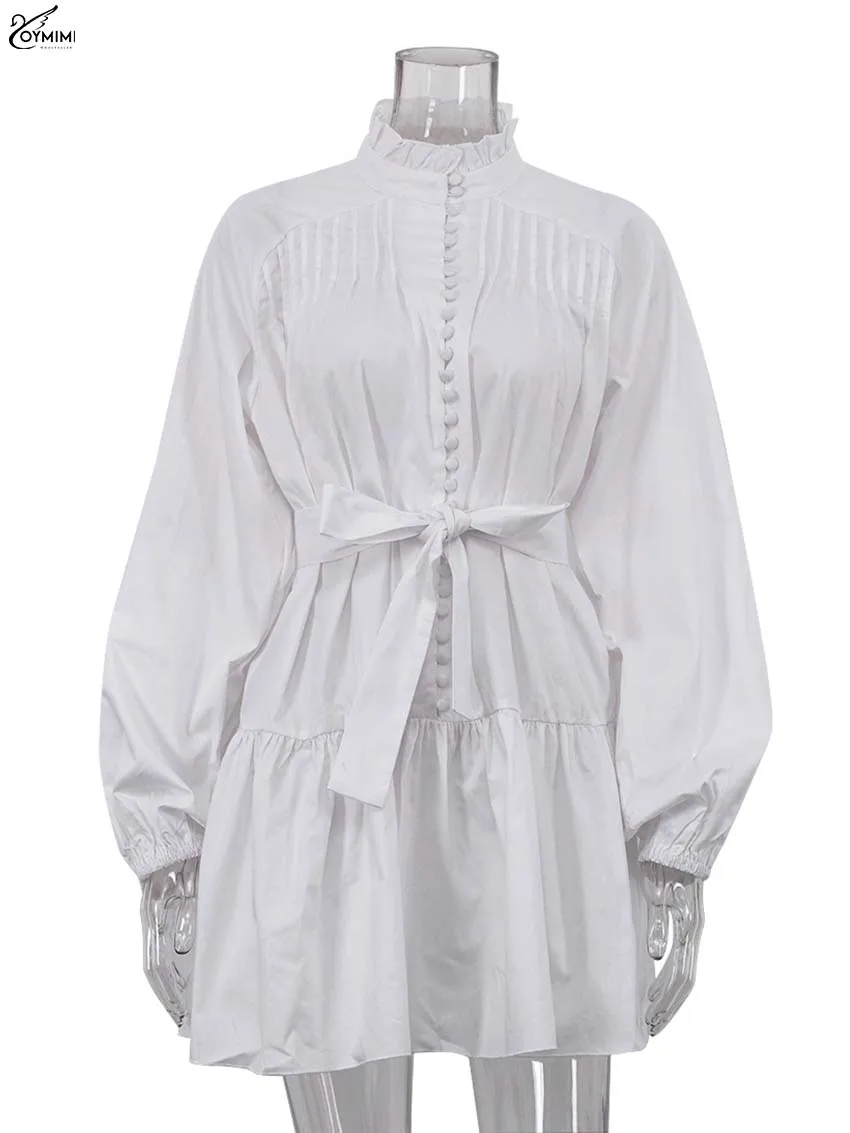 Oymimi Elegant White Cotton Women\'s Dress Casual Ruffled Collar Long Sleeve Single Breasted Dresses Fashion Lace-Up Mini Dresses