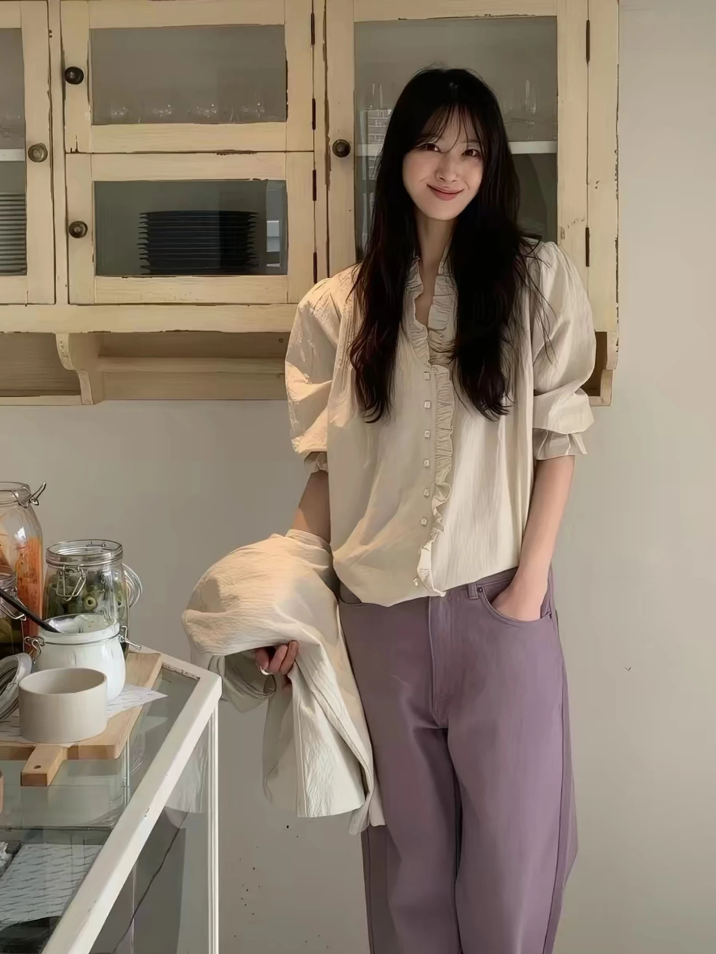 

Women's Plaid Shirt Folded Hem Layering Loose Cotton Long Sleeve Button up Skirt Stand Collar Spring Summer Autumn Fashion