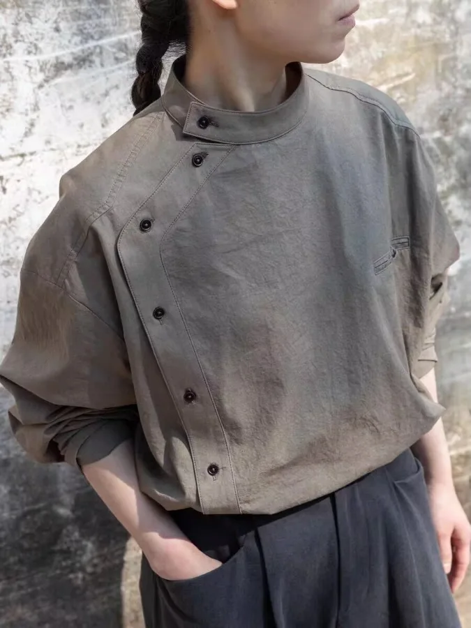 Retro chino Sle ey marrón Stand Collar irt mujer primavera Casual alto diseño largo Sve Top Ele Faionable