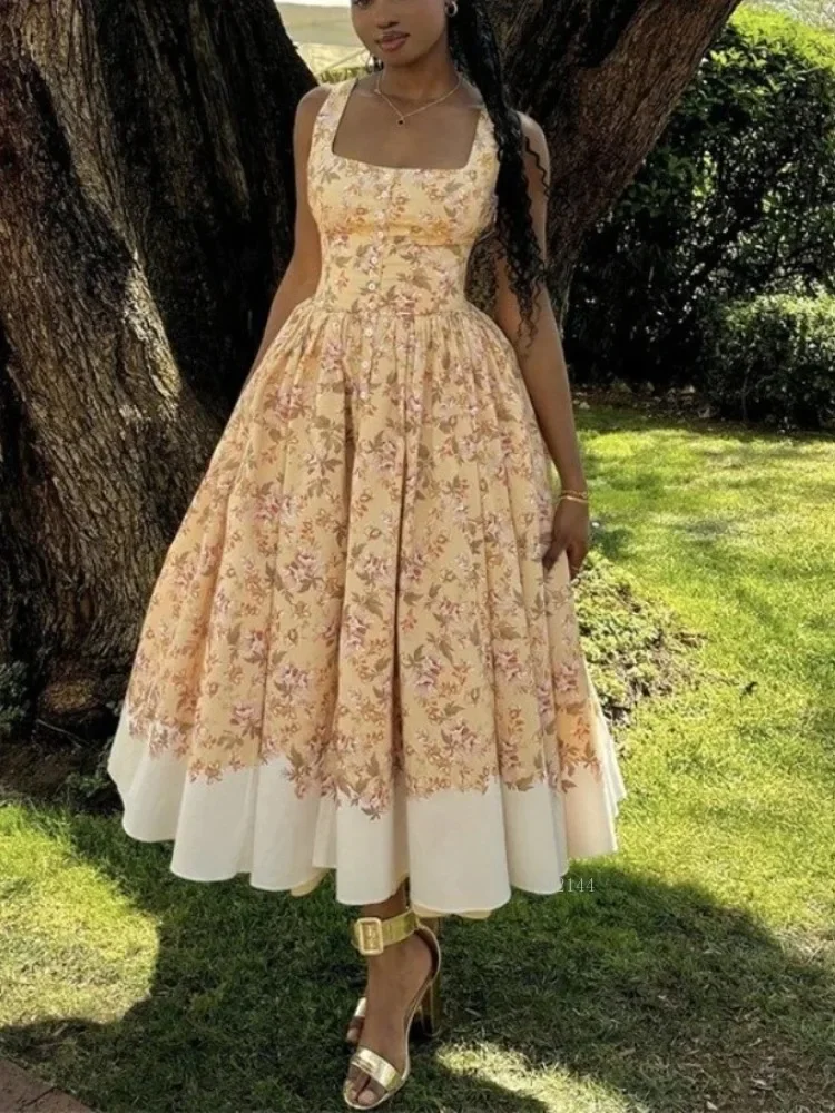 

Women's Floral Print Camisole Dress Square Collar Sleeveless High Waist Backless Retro Chic Sweet Fresh Party Date Outfit