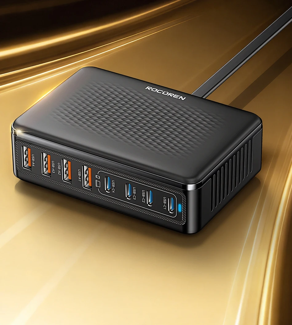 Rocoren 200W GaN-Ladegerät 8-in-1 Desktop-Schnellladegerät für iPhone 18 17 Pro Max Samsung USB Typ-C Ladegerät Tragbare Powerstation – Detail 2