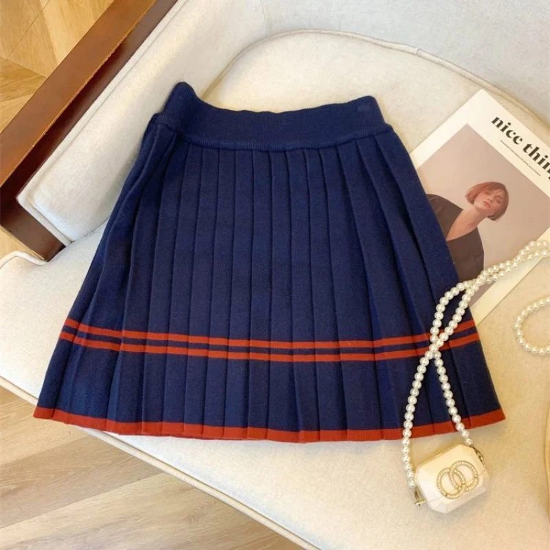 الحياكة التباين المرقعة نمط Preppy البلوزات ربيع الخريف مرونة الخصر مطوي الحلو ألف خط تنورة أزياء النساء الملابس