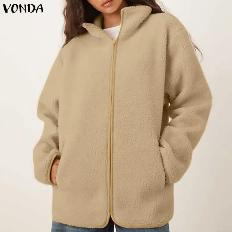 VONDA Mantel Bulu Wanita Ukuran Plus 2025 Musim Dingin Lengan Panjang Kerah Tegak Resleting Jaket Kasual Polos Streetwear Mantel Luar Hangat