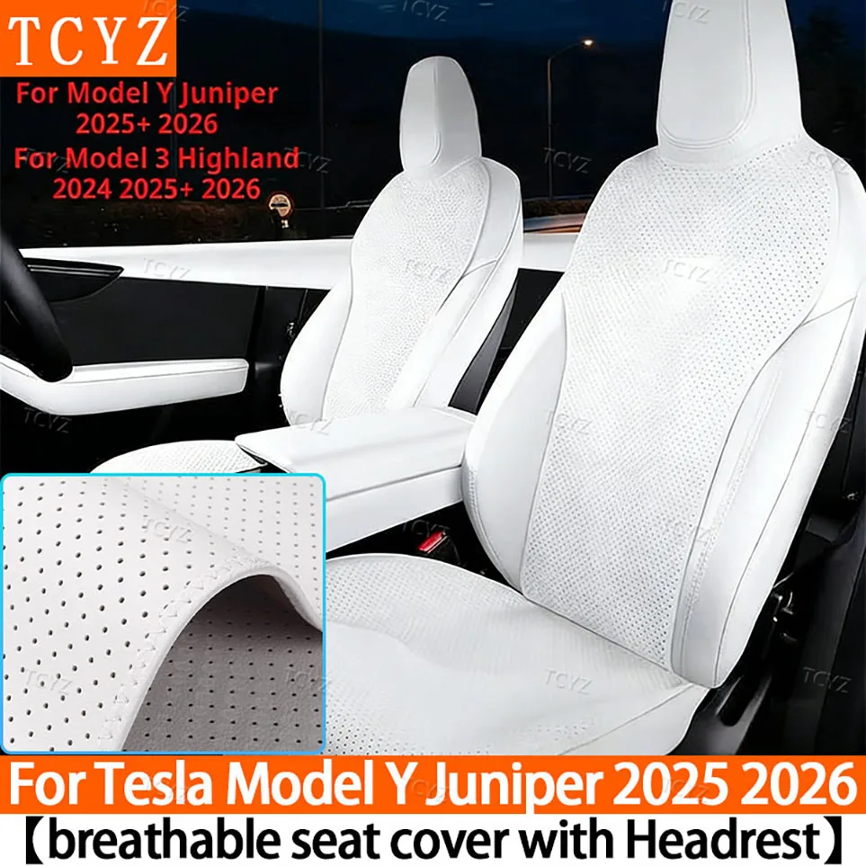 Ventilated Car Seat Cushion for Tesla Model Y Juniper 2025 2026 Breathable Cooling Seat Cover with Headrest,All-Season Comfort