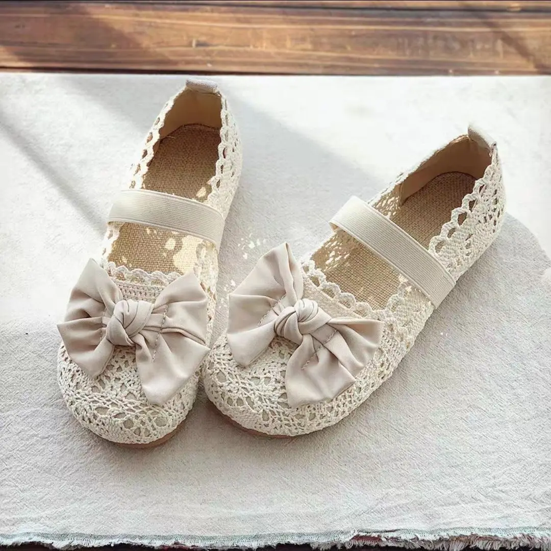 2024 New Spring Summer Flat Shoes Woman Knitted Lace Fisherman's Shoes Sweet Girls Lace Hollow Breathable Casual Shoes Loafers