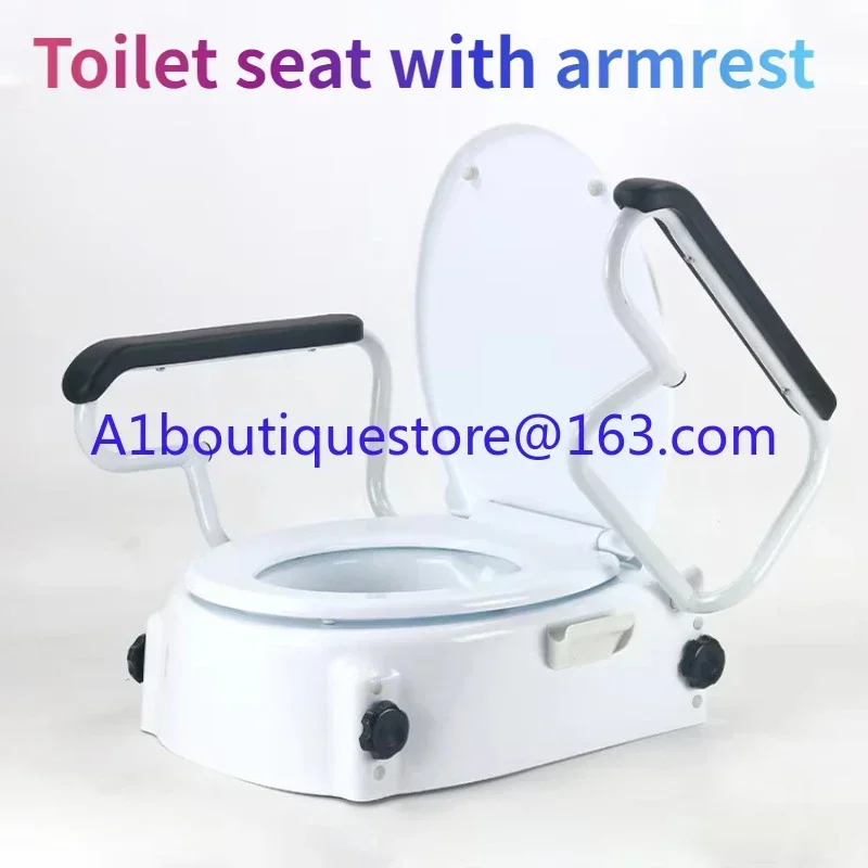 Durable, easy to self-assemble, height adjustable, raised toilet seat with handrail