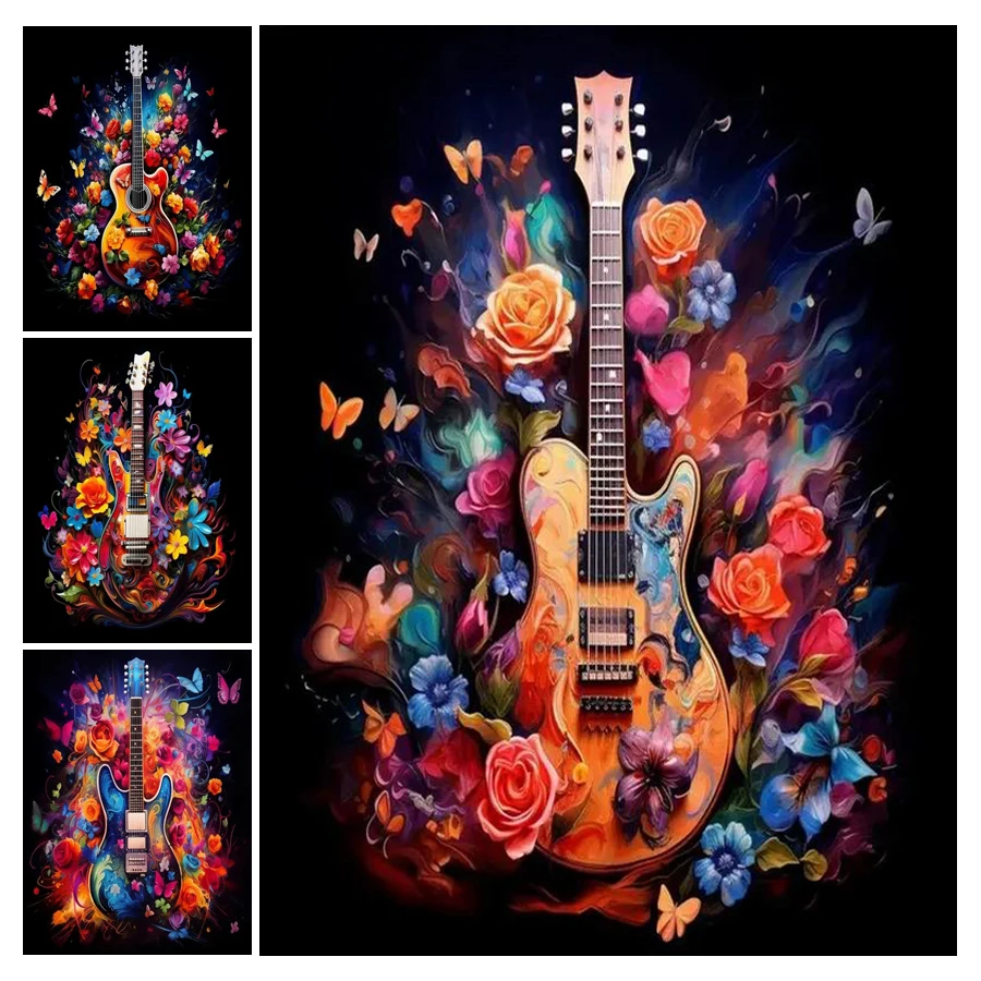 Diy Full Mosaic Art Guitar Flower Diamond Painting Kits New Collection Color Floral Rhinestone Embroidery Picture Wall Decor