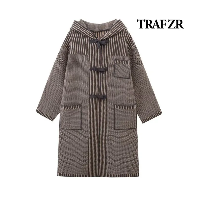 

TRAF ZR Knit Cardigan with Buttons for Women Long Sweaters Ladiess Knitwear Women's Autumn Hooded Cardigan Long Sleeve Sweater