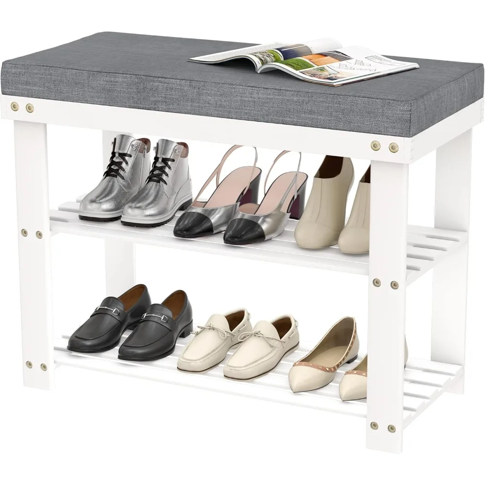 

Shoe Rack Bench for Entryway - Bench with Shoe Storage Front Door Shoe Bench with Cushion Upholstered Padded Seat 3 Tier Bamboo