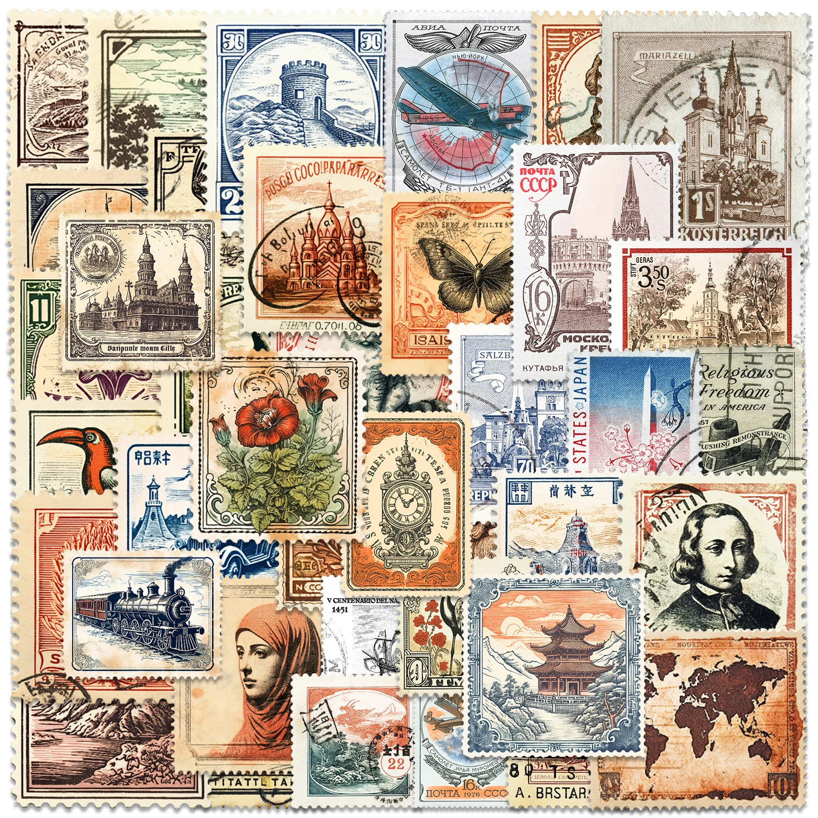 50 Stück Vintage Fake Stamp Aufkleber für Scrapbook Junk Journal Wasserflaschen Laptop Handys Kindles Kartenherstellung