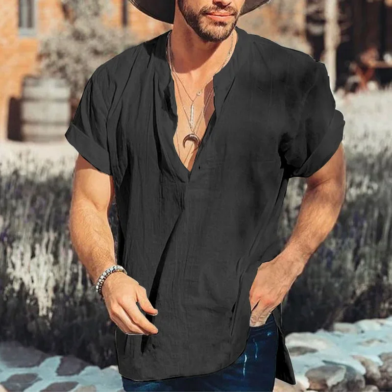 

Men's New V-Collar Loose Shirt Summer Men's Solid Color Short Sleeve Simple Beach Holiday Casual Shirt Male Clothing Shirt