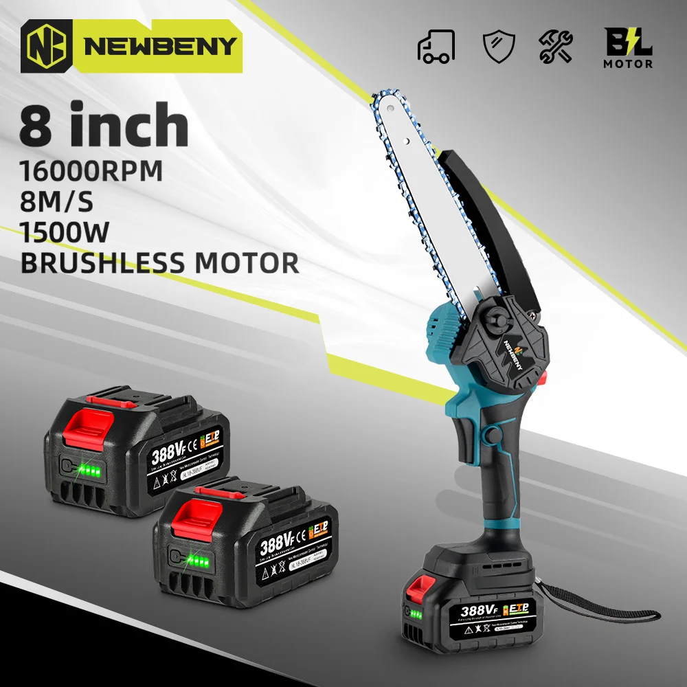 NEWBENY 1500W Brushless Electric Saw 8 Inch Cordless Handheld Wood Chainsaw Garden Cutting Power Tool for Makita 18V Battery