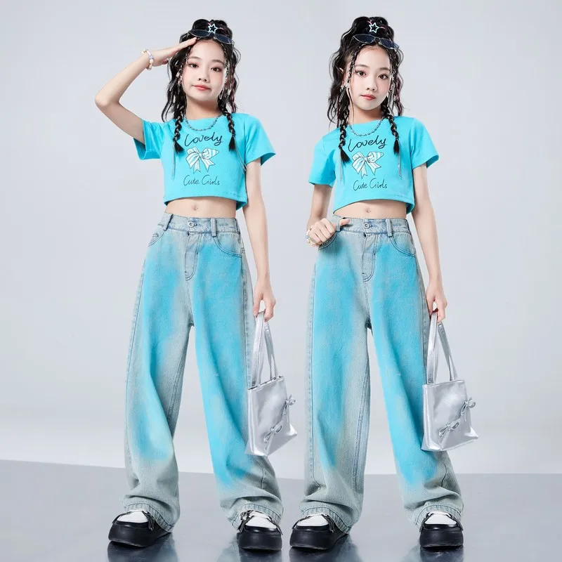 Girls Hip Hop Clothing Crop Top Splash Ink Denim Pant for Kids Street Dance Blue Clothes Sets Children Streetwear Teens Outfits