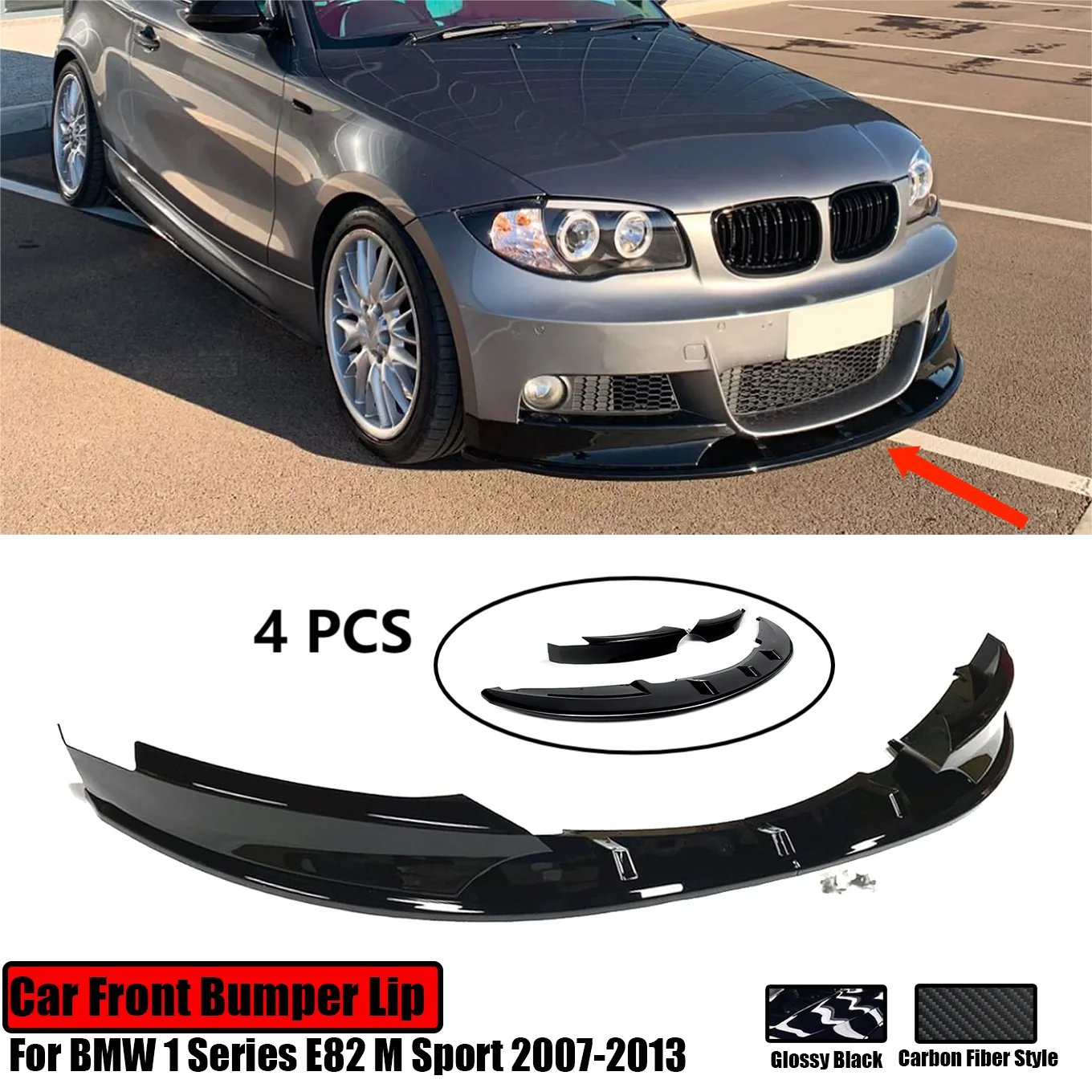 

For BMW 1 Series E82 M Sport 2007-2013 Car Front Bumper Lip Side Spoiler Splitter Cover Trim Glossy Black Carbon Fiber Style