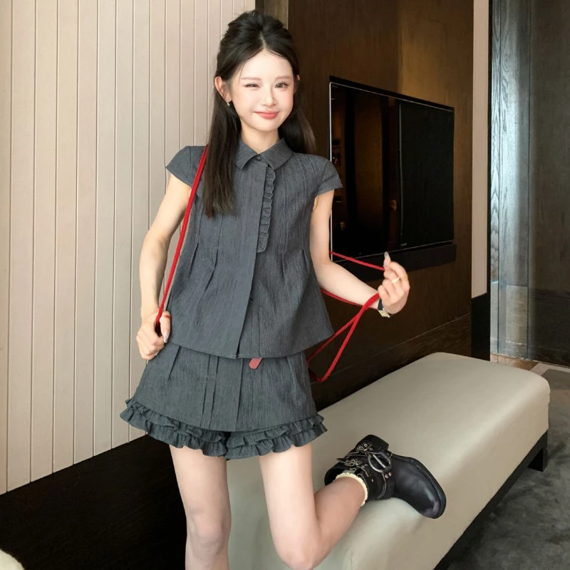 Korean Y2K Girls Skirt Suits Summer Short-sleeved Slim Shirts with Cute High Waist Mini Pleated Skirts Women Gothic Clothes