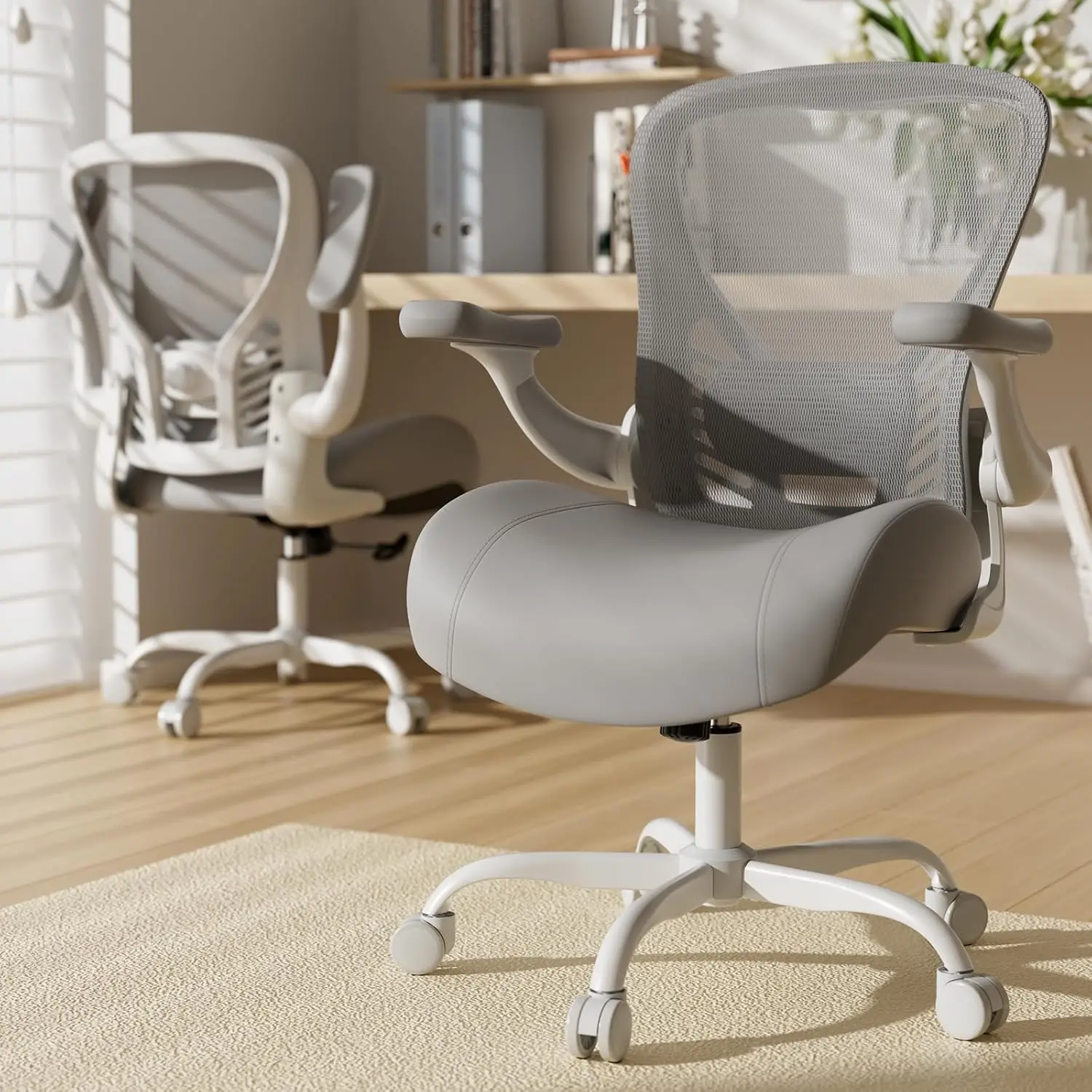 

Ergonomic Mesh Back Computer Desk Chair 3D Flip-up Arms Adjustable Lumbar Height Grey&White