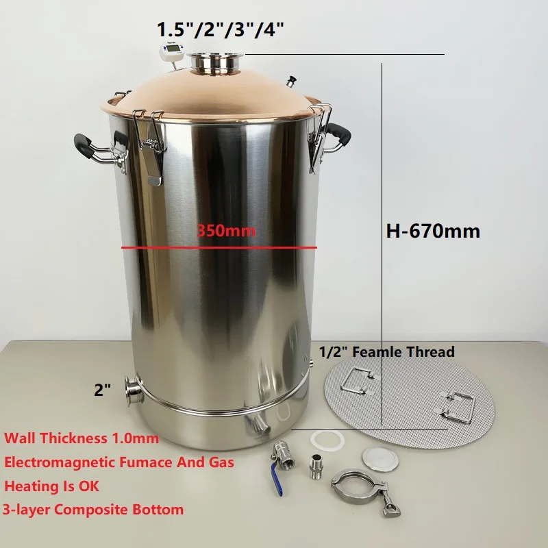 Nowy zbiornik 55L (14,5 galon) do destylacji kotła zbiornik destylarni z pokrywą miedzi, zbiornik Homebrew, zbiornik do destylarni bimber SS304