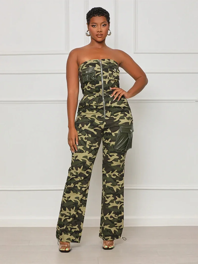 Camouflage Strapless Jumpsuits Summer Clothes Women 2024 Multi Pockets Cargo Pants Rompers Playsuits One Pieces Overalls Outfits