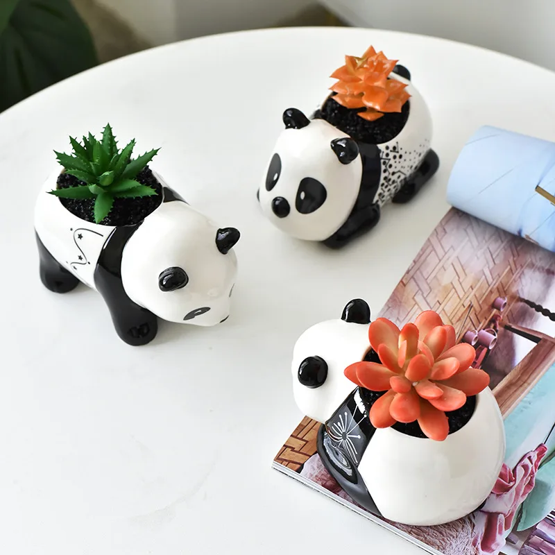 Creative Black and White Ceramic Panda Flower Pot Cute Cartoon Animal Plant Potted Flower Pot Porcelain Vase Home Decoration New