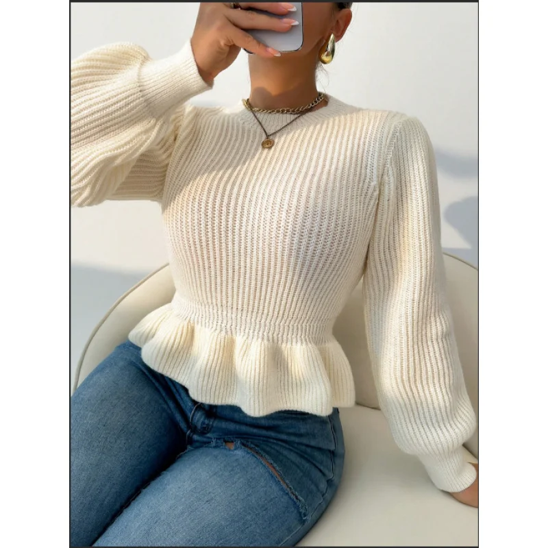 

Женский осенне-зимний свитер для похудения талии, новый элегантный белый вязаный топ с круглым вырезом и рюшами