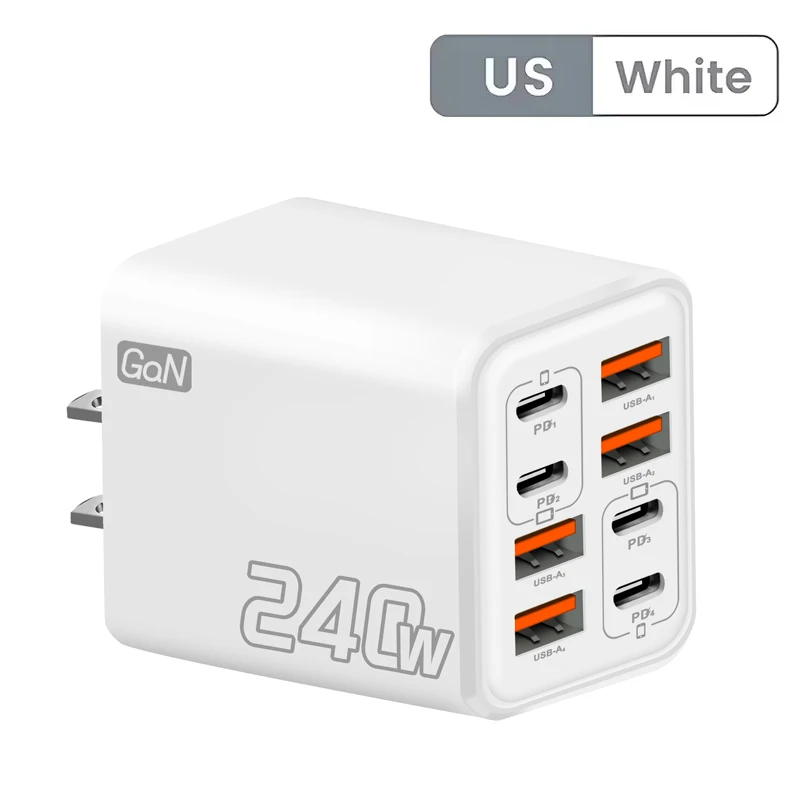 240W GaN USB-C-Ladegerät 8-in-1 Schnellladegerät für iPhone, Samsung, Xiaomi, Typ-C, EU/US-Stecker, Wandladegerät