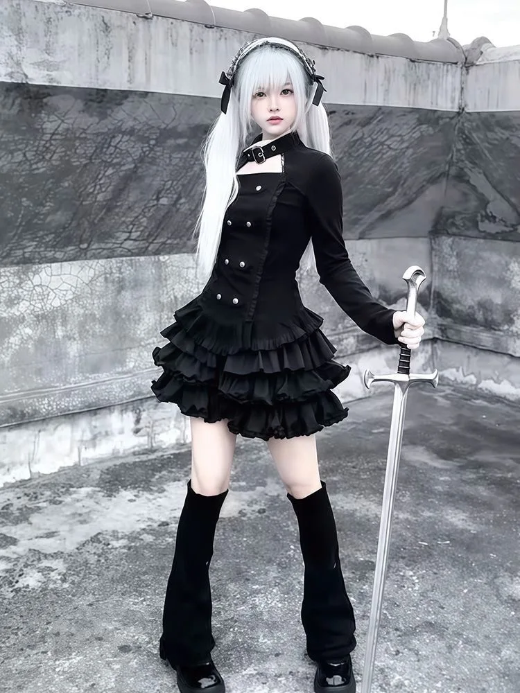 Kukeita Gothic Lolita Black Ruffles Skirt Sets Y2k Punk Women Double Breasted Blouses Top+Mini Skirts 2PS Sets Chic Streetwear image 5