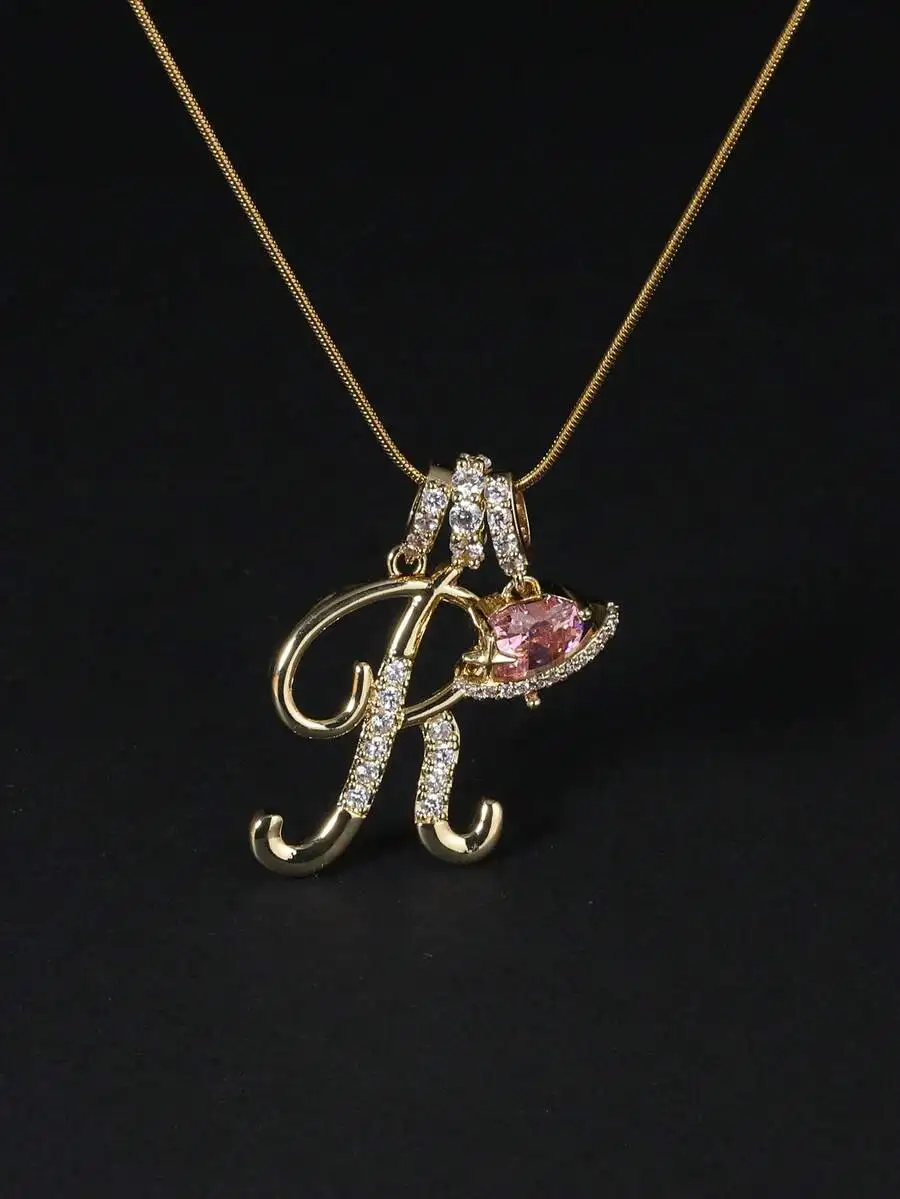 

Cubic Zirconia Letter R Pendant Necklace With Pink Stone, Vintage Style Fashion Jewelry For Women