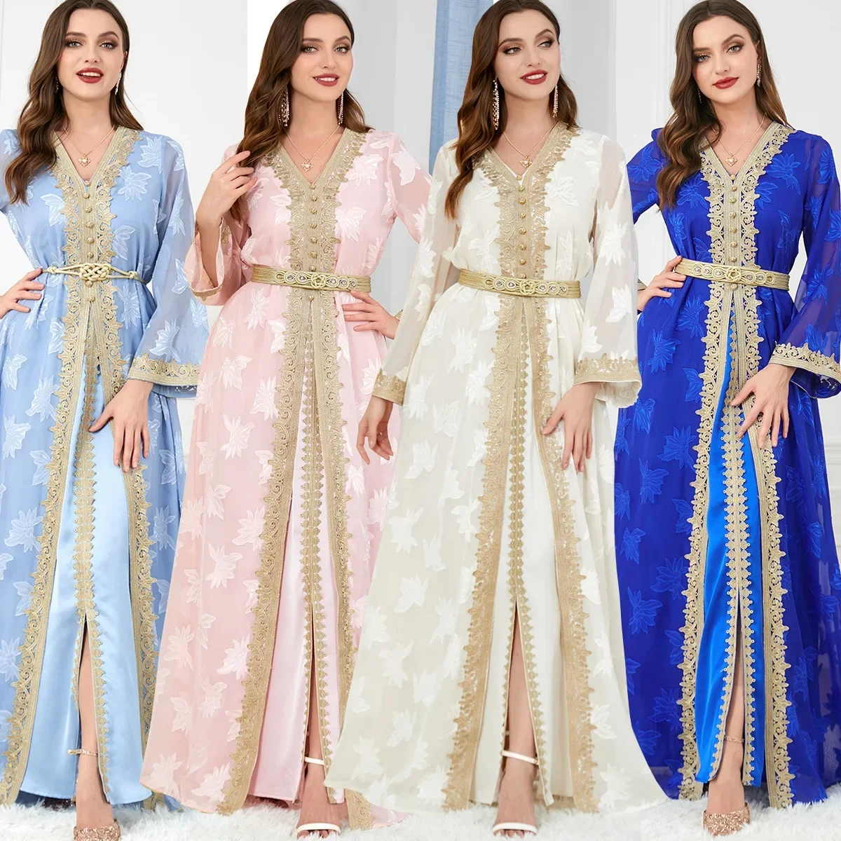 2024 Abaya Dubai V-neck 2 Piece Sets Dress Moroccan Evening Party Kaftan with Belt Embroidery Sexy Muslim Women Long Dresses