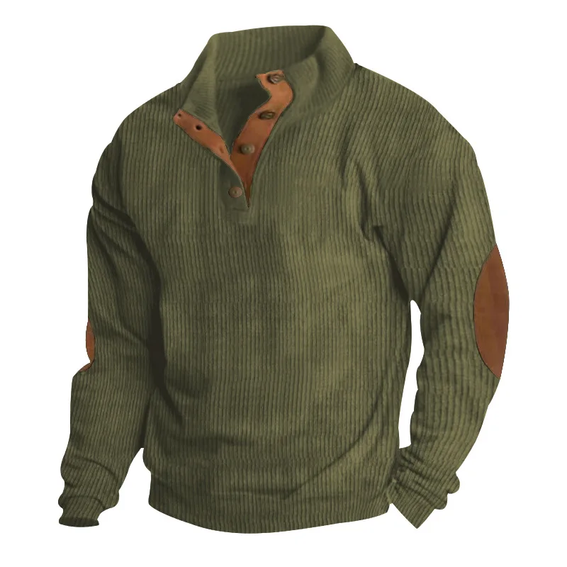 Frühling und Herbst Freizeit Herren Sweatshirt Stehkragen Langarm Patchwork Versunkene Streifen Cord Bequeme Herrenbekleidung