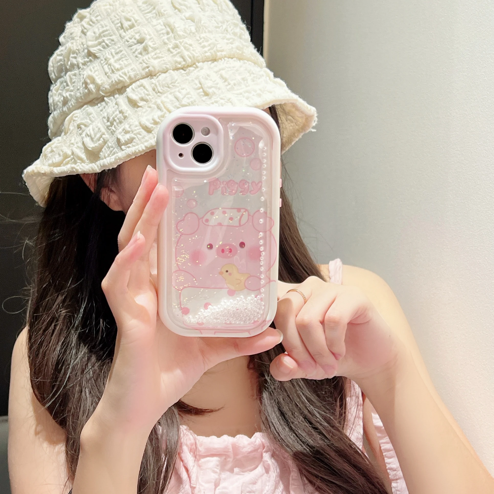 Round Flowing Sand Pink Bathing Piglet Suitable for iPhone 15pormax Cartoon 14 13 New 13por Anti Drop 14 Plus Protective Case