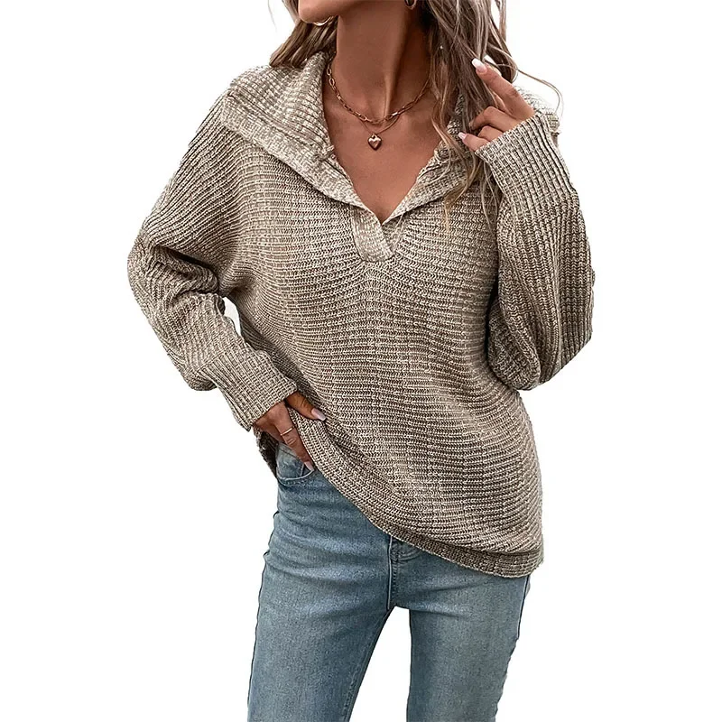 Fashion Women's Autumn Winter New Classic Khaki Solid Color Casual Long Sleeve Lapel Sweater Sweater Women Top