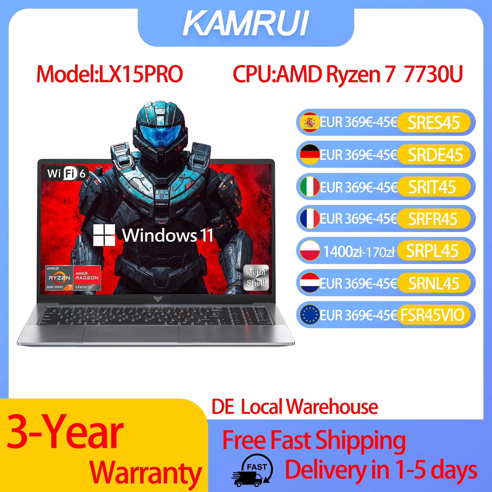 KAMRUI Laptop do gier 15,6 cala z procesorem AMD Ryzen 7 7730U, 16 GB RAM, 512 GB SSD, Windows 11, wysokowydajny laptop, Radeon, WiFi 6