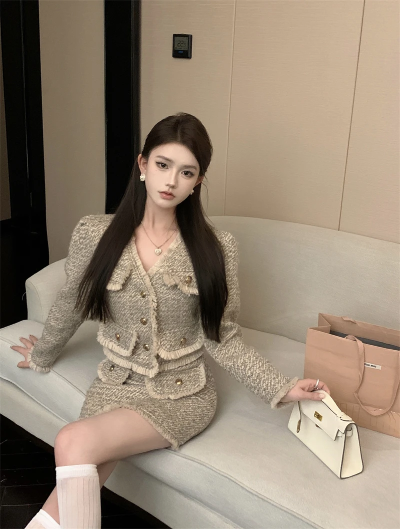 Korean Fashion Autumn New Women Two Piece Skirt Sets Elegant Long Sleeve Short Tweed Jacket + A Line Mini Skirt Female Outfits