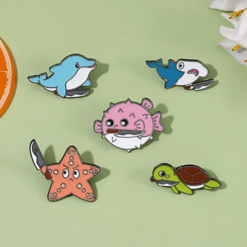 Price Ocean Sea Animal Enamel Pins Custom Dolphin Puffer Fish Turtle Shark Starfish Brooch Lapel Badges Jewelry Gifts Wholesale