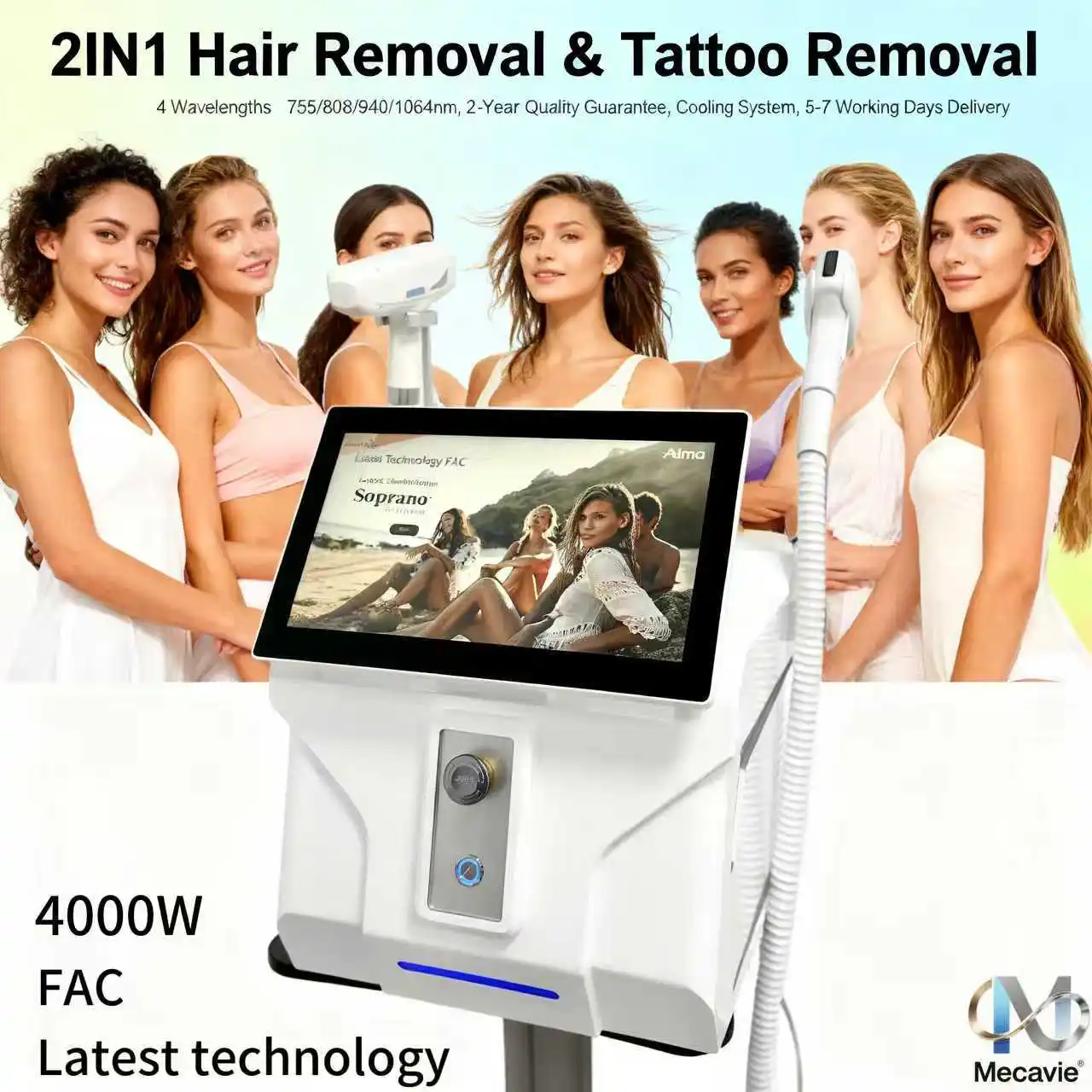 

Новый диодный лазер 2026 года для удаления волос Ice Hair 4000 Вт Soprano 2-в-1, Q-Switch Nd:YAG, пикосекундный лазер для удаления татуировок, пигментации и хлоазмы 755/808/940/1064 нм