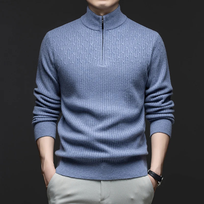 

10% Goat Cashmere Clothes Men Autumn Winter 90% Sheep Wool Sweater Stand Collar Male Jumper Pullover Zipper Cashmere Tops