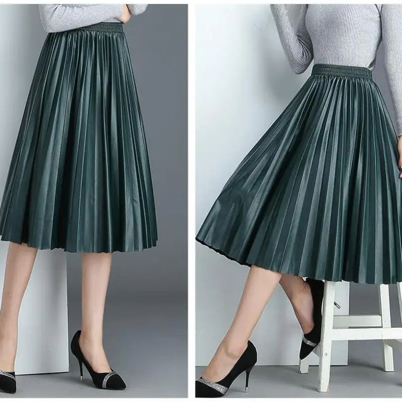 

2024 8 Colors Available Spring winter New Arrival Ladies Skirts Organ Pleated Elegant High Waist Leather Skirt Free Shipping