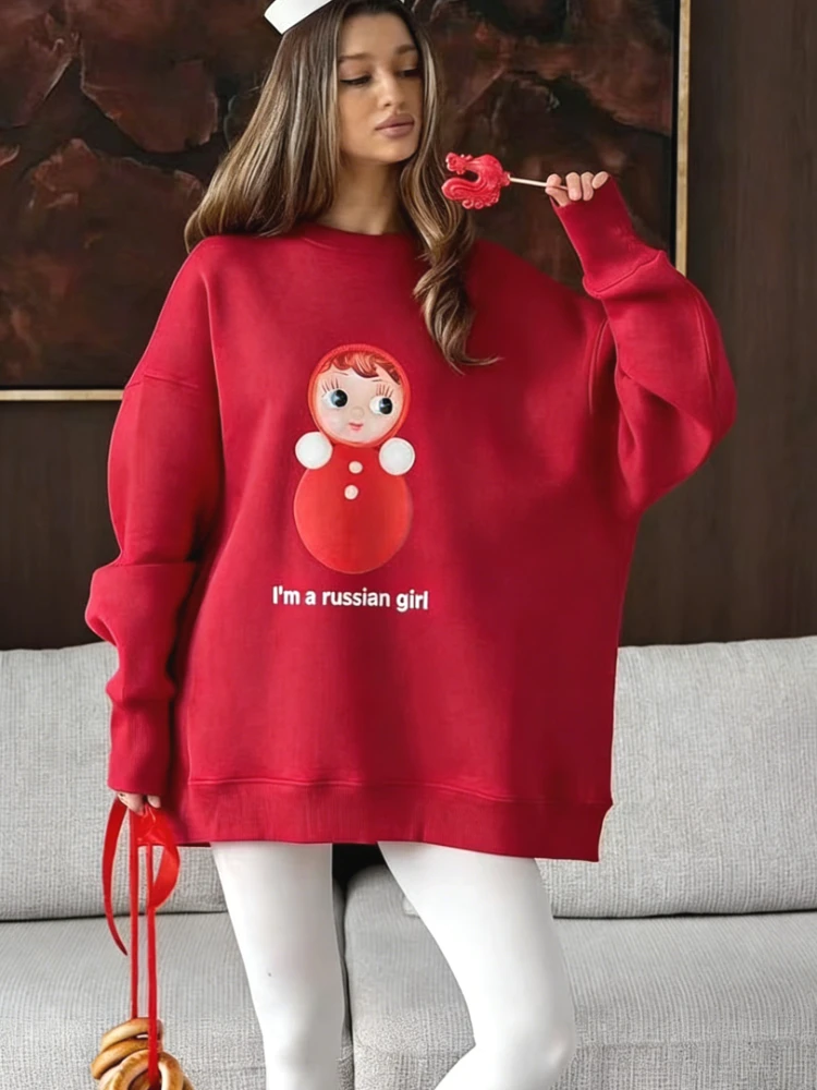 

Модный красный хлопковый свитшот оверсайз в русском стиле — очаровательный принт «Матрешка» с надписью «Я русская девушка», милый, повседневный, свободный крой
