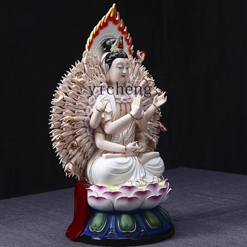 FJ-17  Ceramic Buddha Statue for Worship Home Decoration Colorful Thousand-Hand Guanyin Living Room Craft