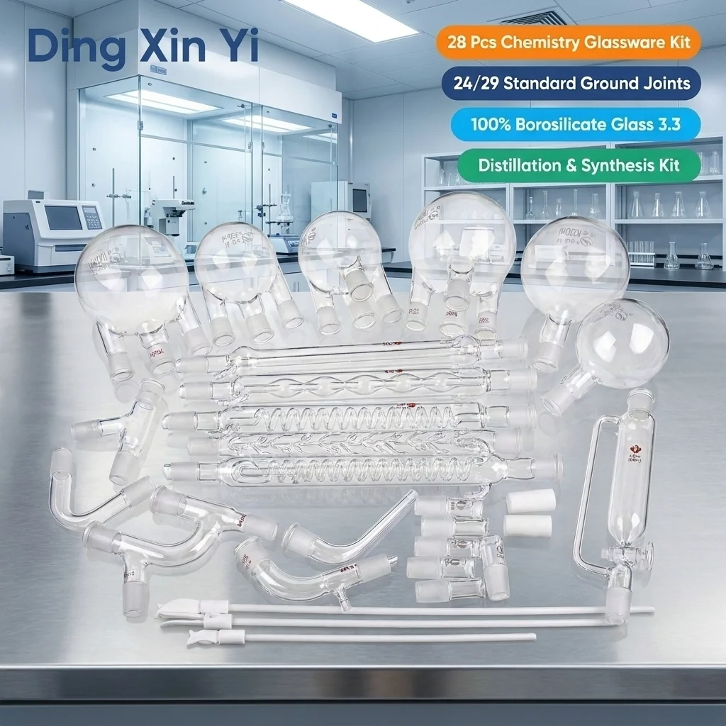 DXY 28Pcs 24/29 Lab Chemistry Glassware Kit Distillation Apparatus GG-17 Borosilicate 3.3 Glass with PTFE Stirrers