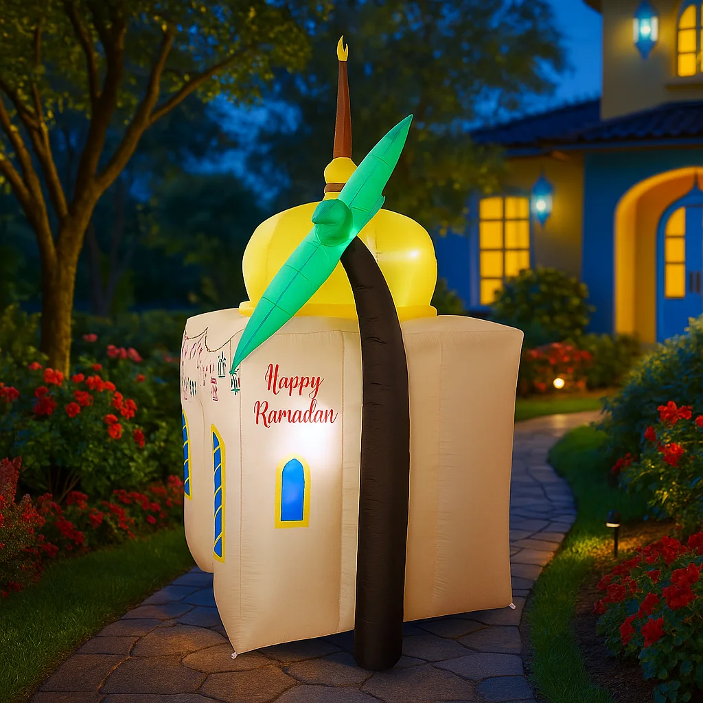 2.4M/7.8FT Outdoor Holiday Decor Middle East Ramadan Coconut Tree Castle LED Light Eid Mubarak Sign Ornament Inflatable Model