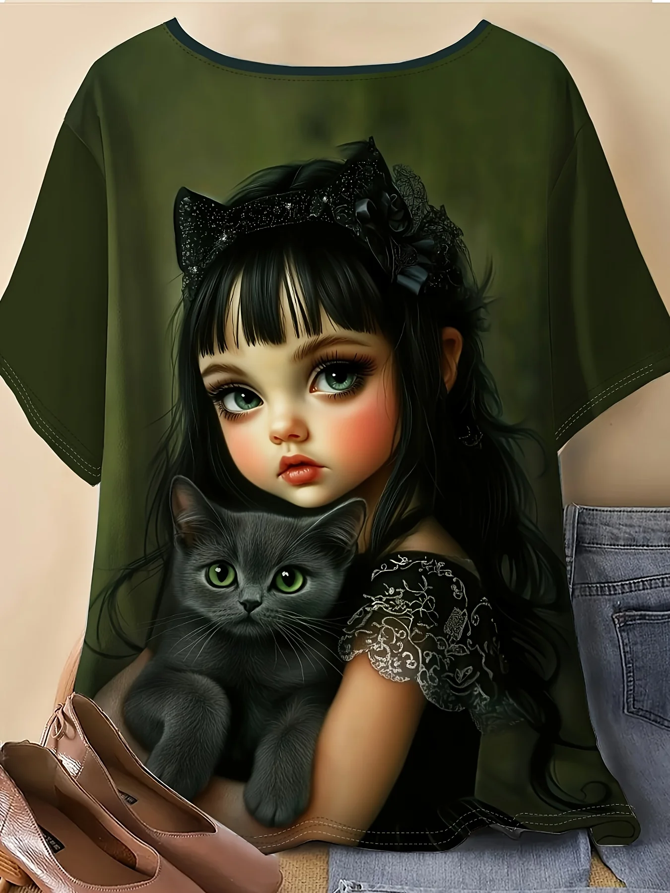 Women Crew Neck Short Sleeve T‑Shirt, Gothic Art Girl Holding Black Cat Dark Green Background Graphic Casual Tee
